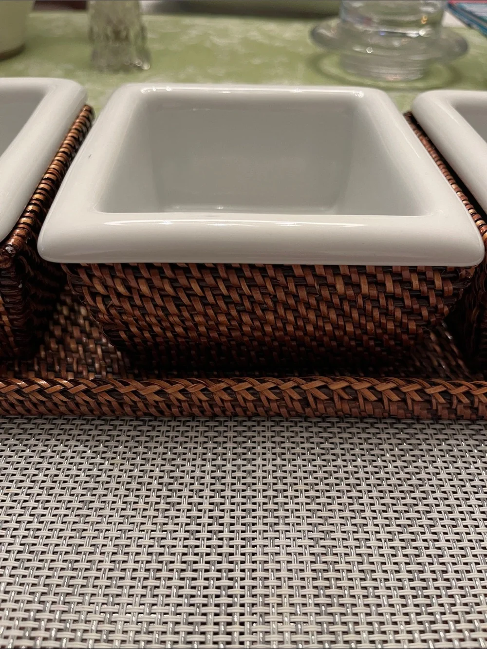 Williams Sonoma White Ceramic Triple Server with Woven Tray